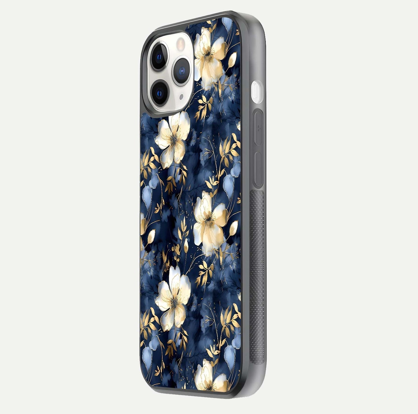 Golden Midnight Bloom Glass Case for iPhone 11 Pro side-angle image showing shine depth and elegant edge design