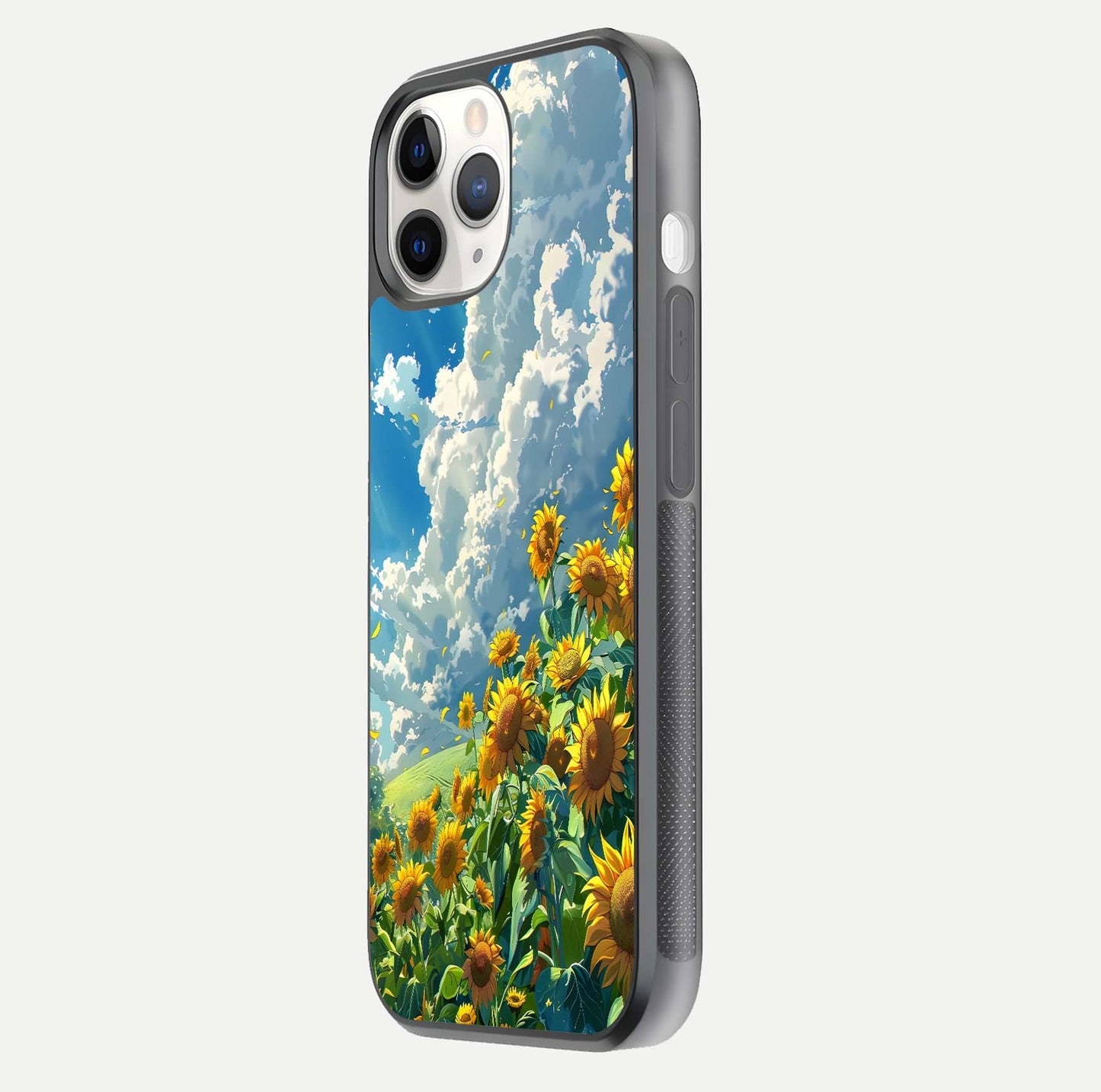 Golden Sun Glory Glass Case for iPhone 11 Pro side-angle image showing reflection glow and luminous texture