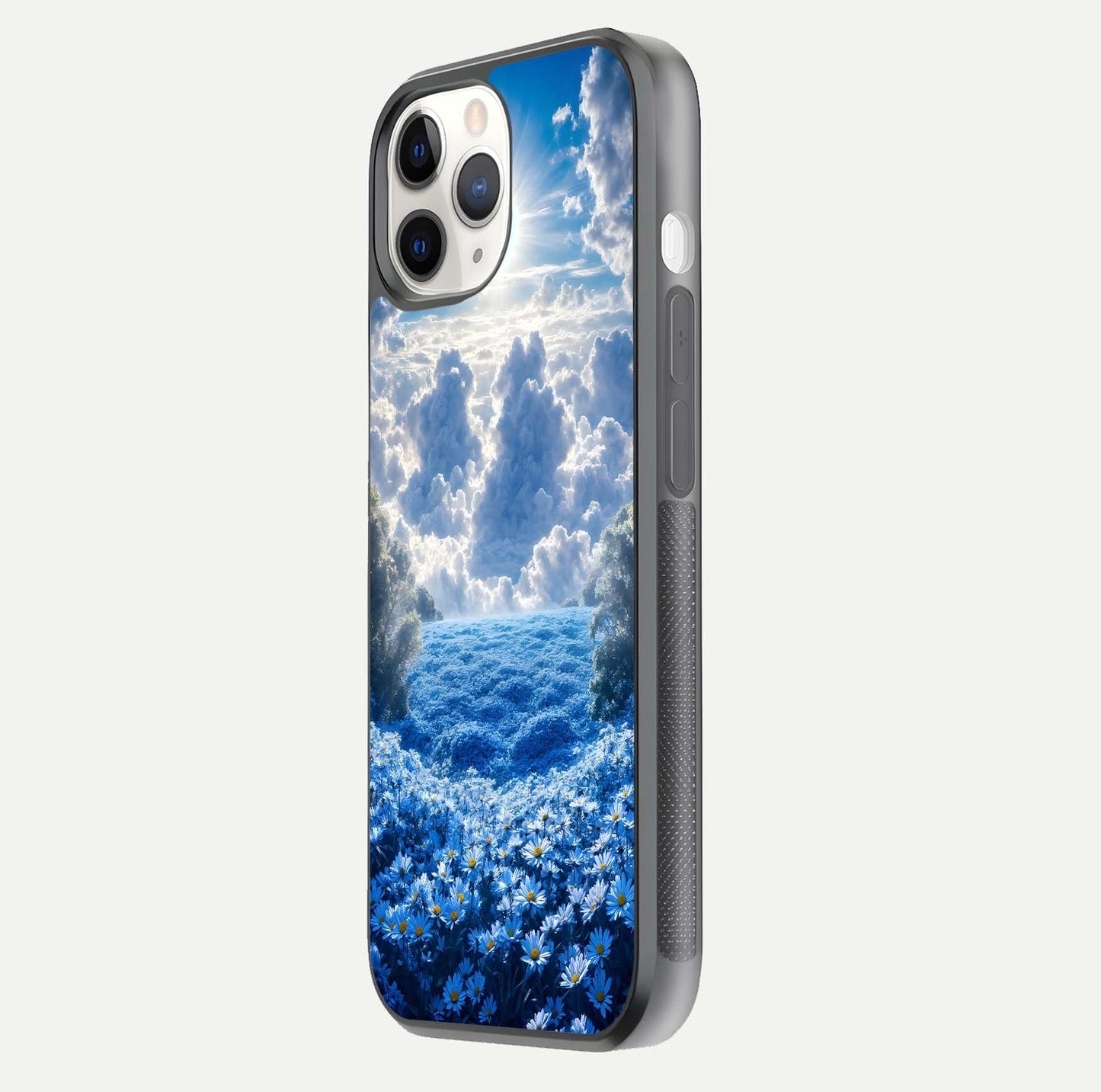 Heavenly Daisy Horizon Glass Case for iPhone 11 Pro side-angle image showing reflection depth and floral glow