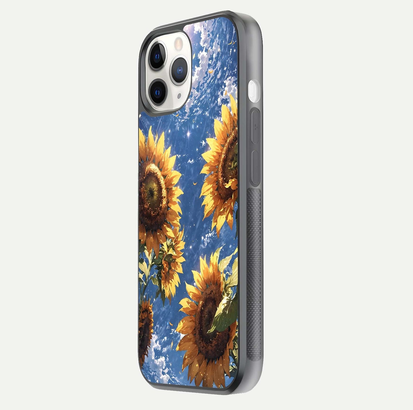Heavenly Sunflower Rise Glass Case for iPhone 11 Pro side-angle image showing reflection glow and soft yellow tone