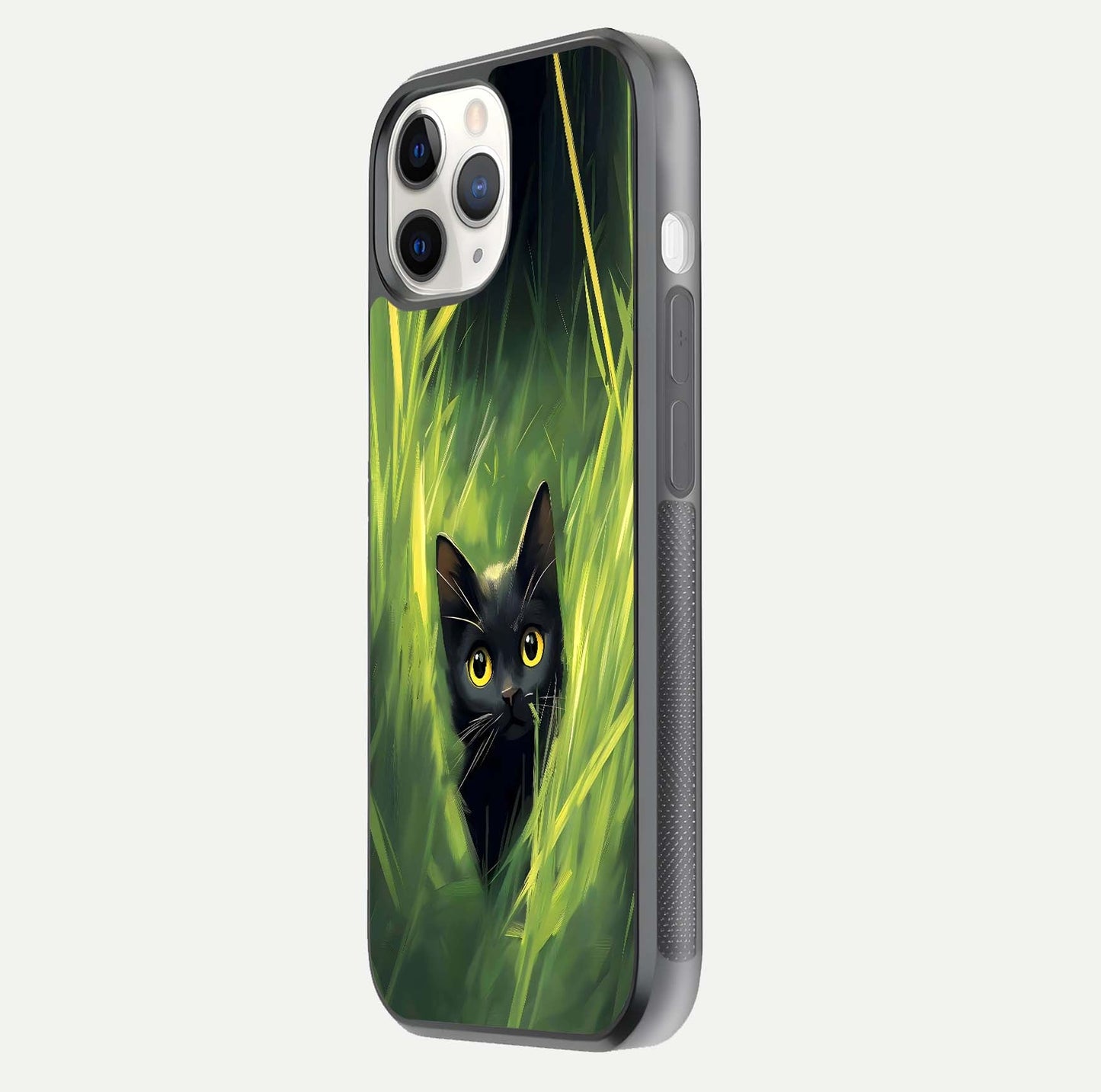 Hidden Cat Whisper Glass Case for iPhone 11 Pro side-angle image showing reflection glow and subtle artistic texture