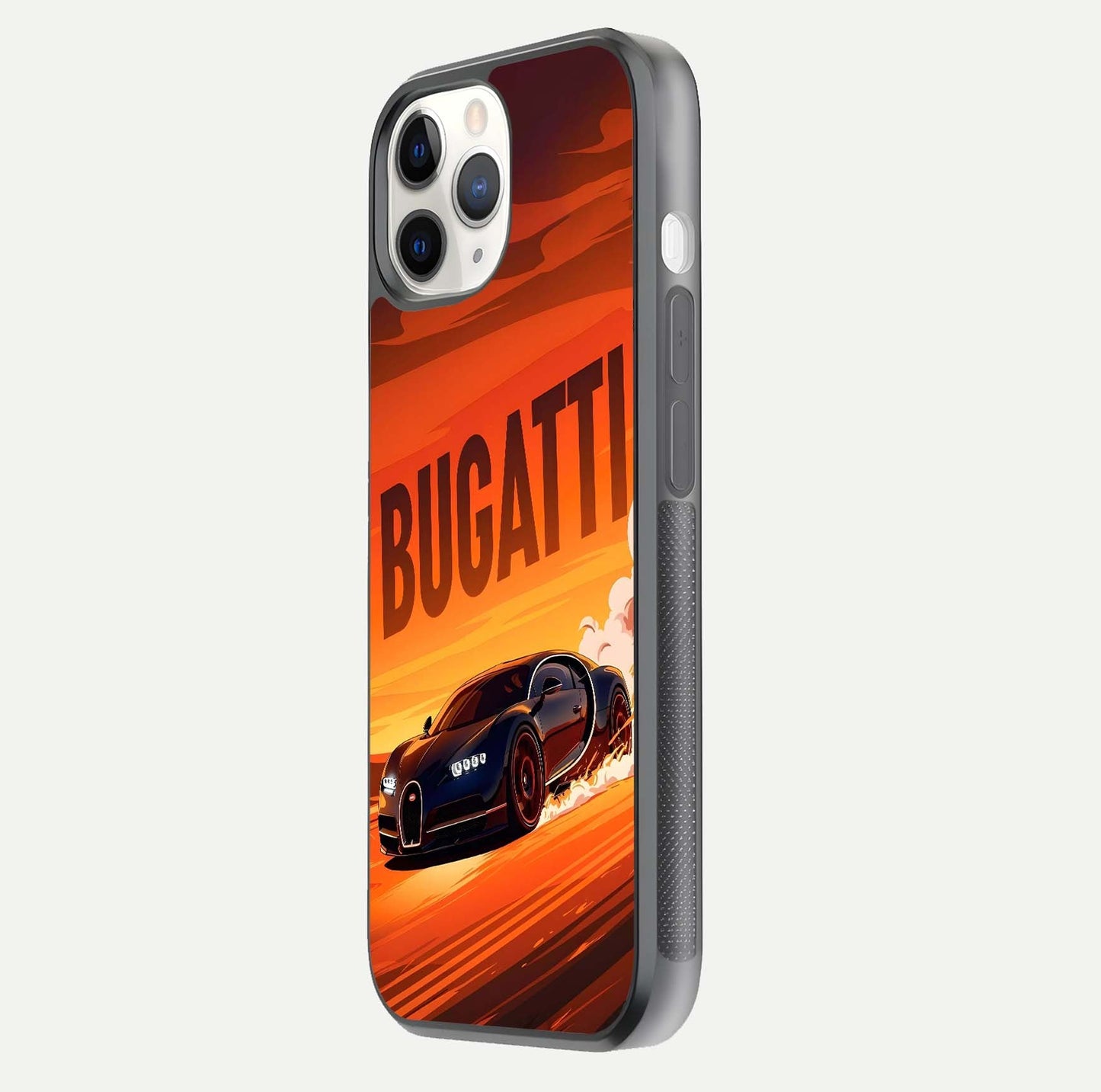 Inferno Bugatti Storm Glass Case for iPhone 11 Pro side-angle image showing reflection glow and vibrant red tones