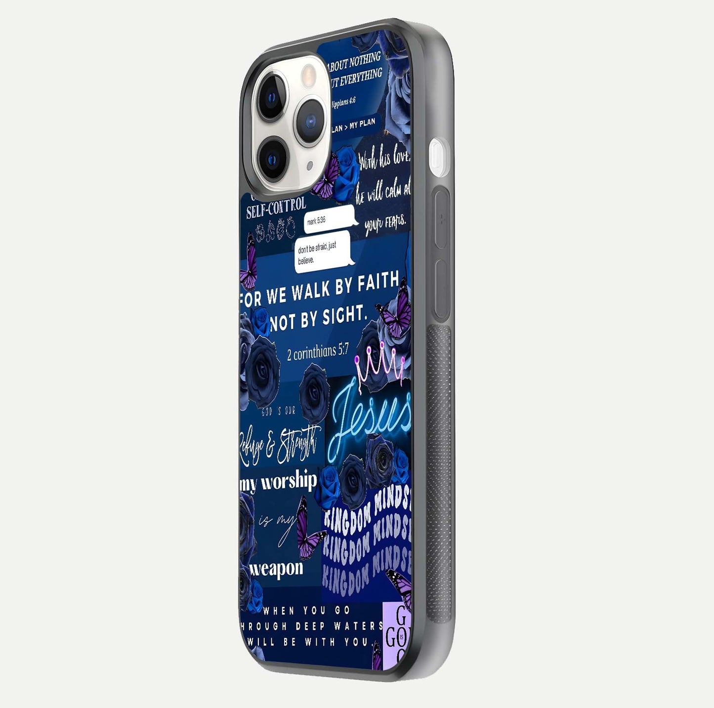 Kingdom Faith Glow Glass Case for iPhone 11 Pro side-angle image with reflective cross and faith glow
