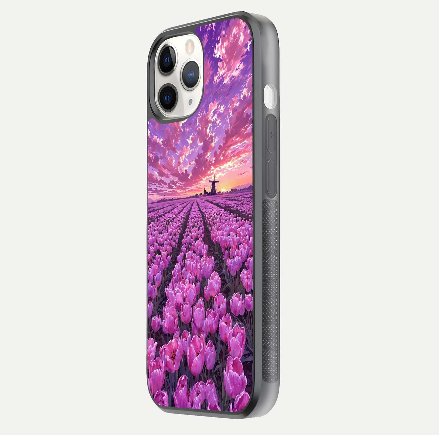 Lavender Dream Skies Glass Case for iPhone 11 Pro side-angle image showing reflection depth and serene tones