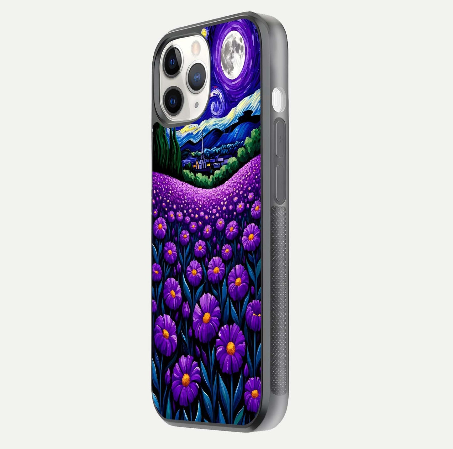 Lavender Moon Field Glass Case for iPhone 11 Pro side-angle image showing HD reflection and moonlit lavender art