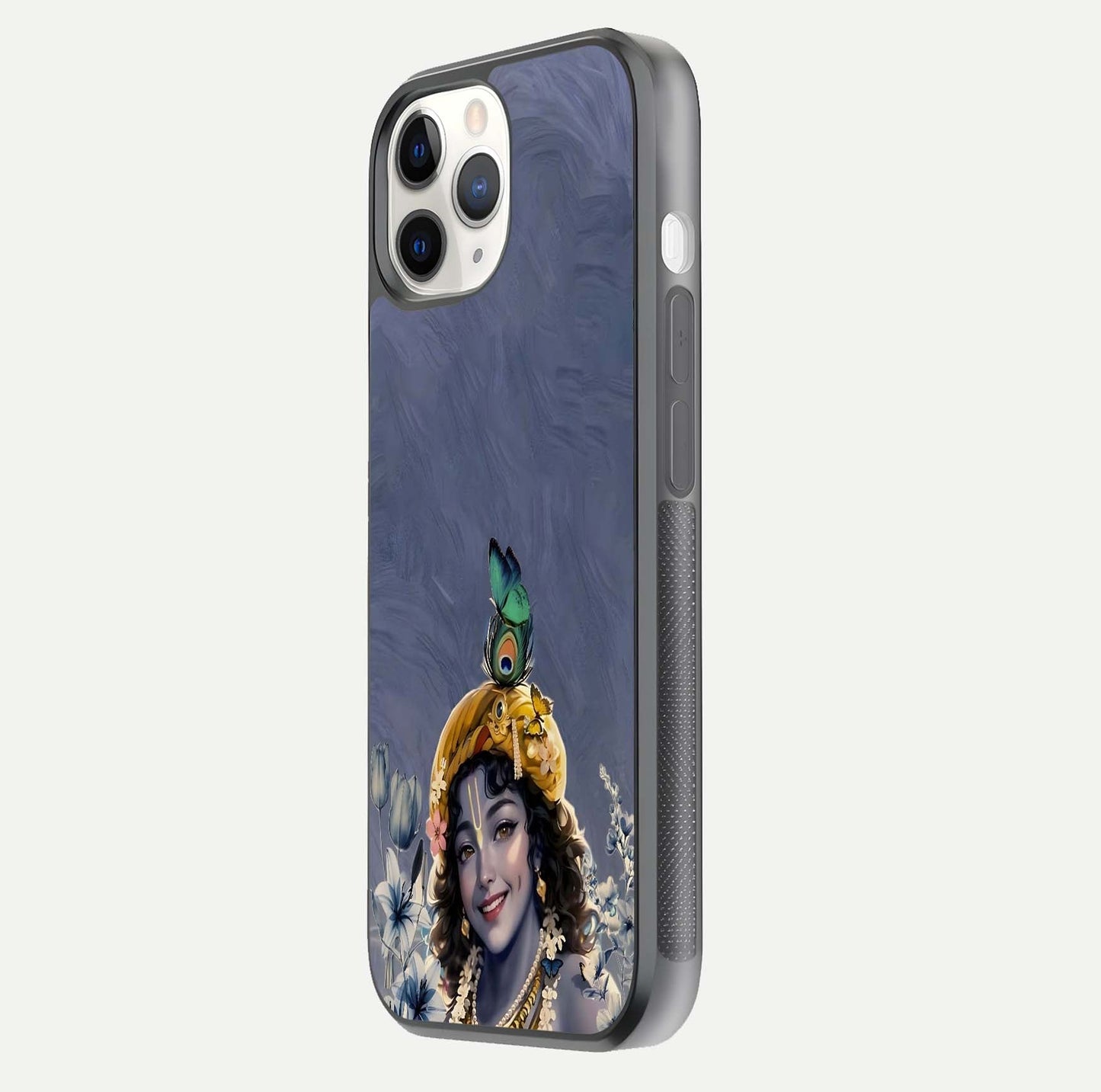 Lord Krishna Glass Case for iPhone 11 Pro side-angle image emphasizing premium reflection and sacred motif