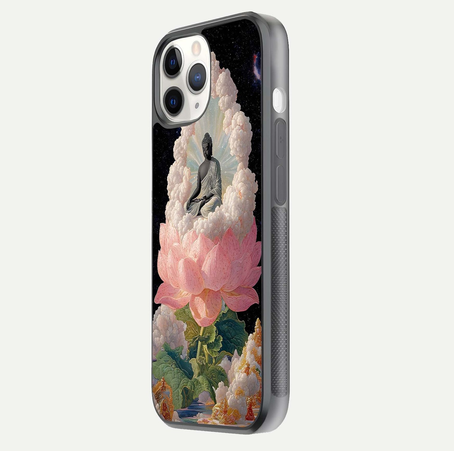 Lotus Divine Peace Glass Case for iPhone 11 Pro side-angle shot showing elegant shine and floral symmetry