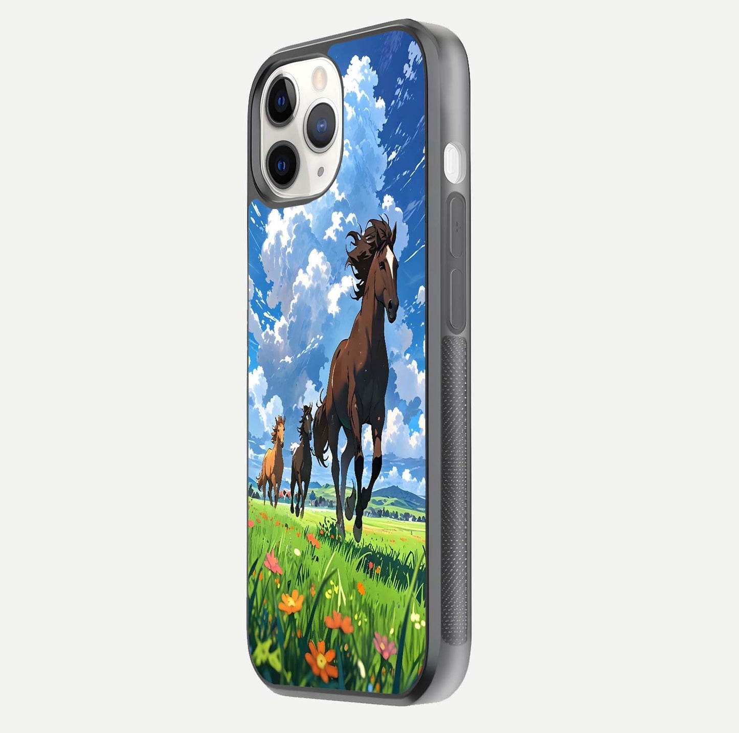 Majestic Horses Galloping Glass Case for iPhone 11 Pro side-angle shot emphasizing reflection and running artwork