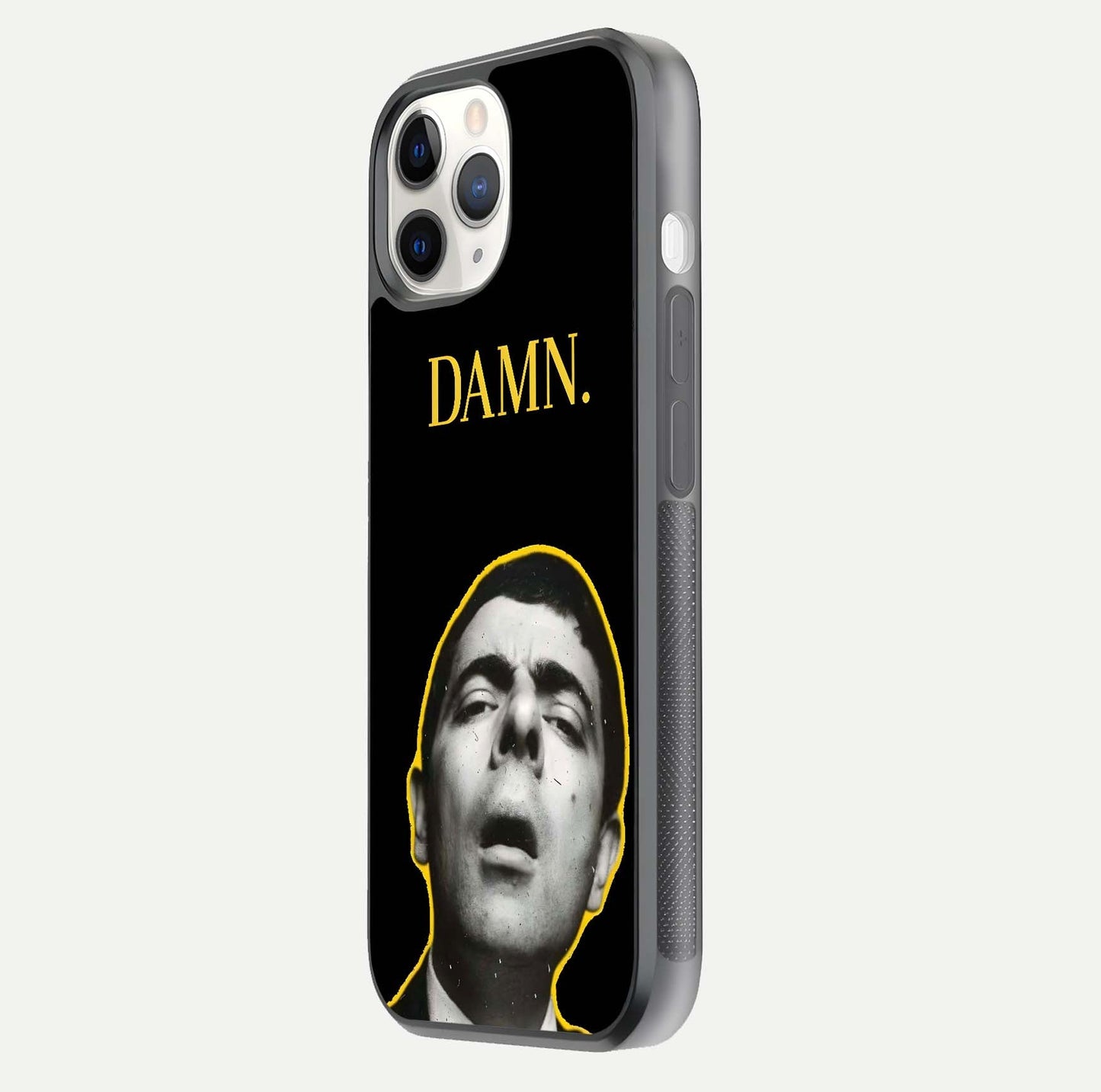 Mr Bean Damn Glass Case for iPhone 11 Pro side-angle image emphasizing HD print clarity and playful theme
