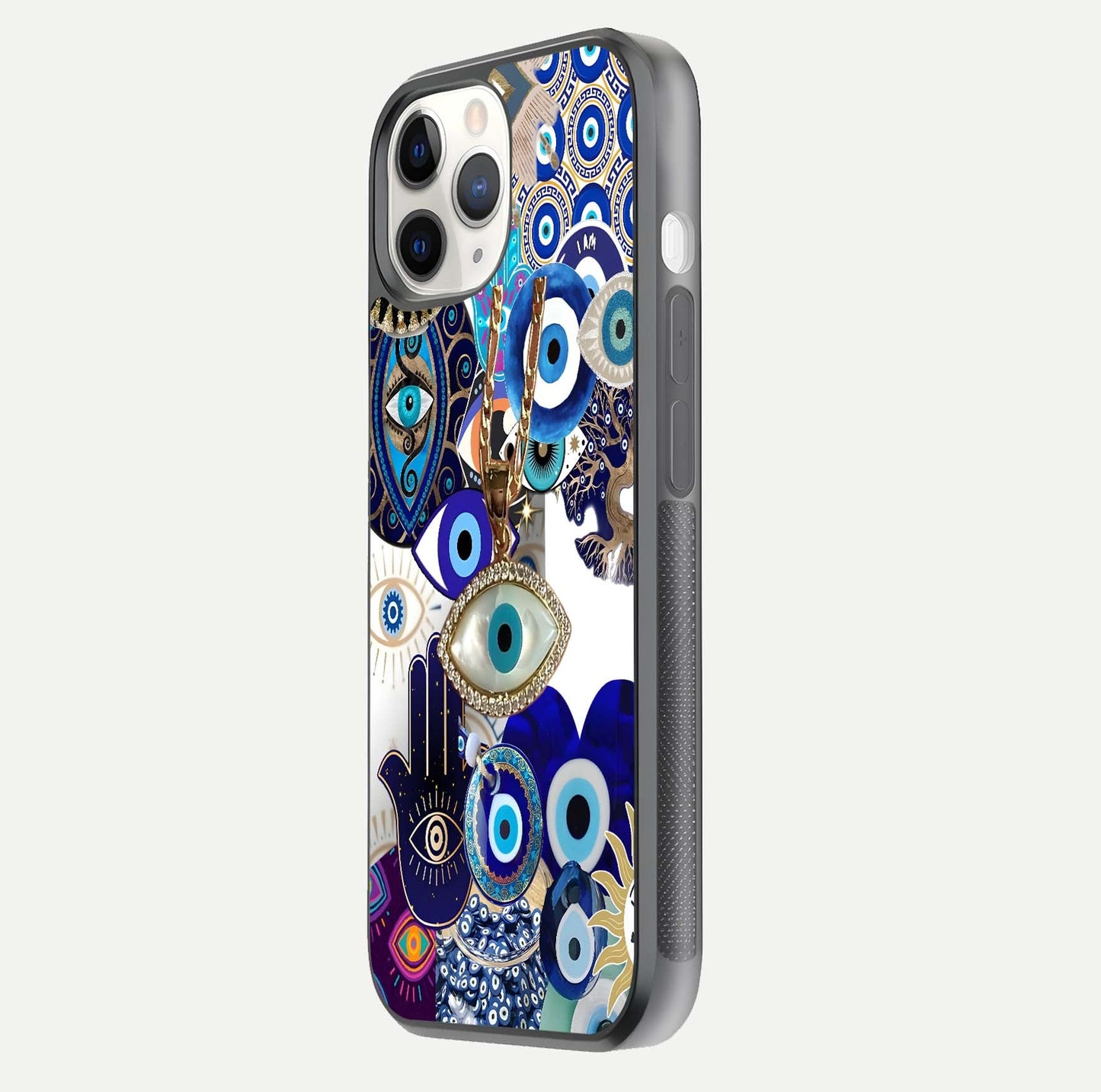 Mystic Charm Eye Glass Case for iPhone 11 Pro side-angle image showing HD reflection and sacred tone