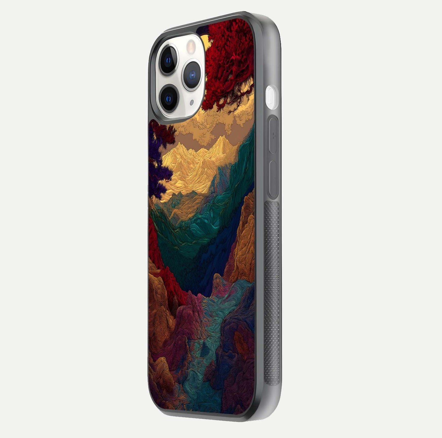 Mystic Valley Light Glass Case for iPhone 11 Pro side-angle image showing shine and peaceful hues