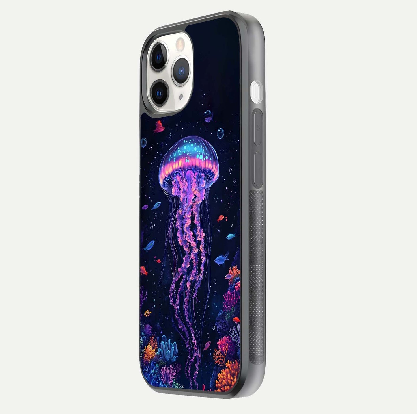 Neon Jellyfish Glass Case for iPhone 11 Pro side-angle image showing reflection and oceanic light detailing