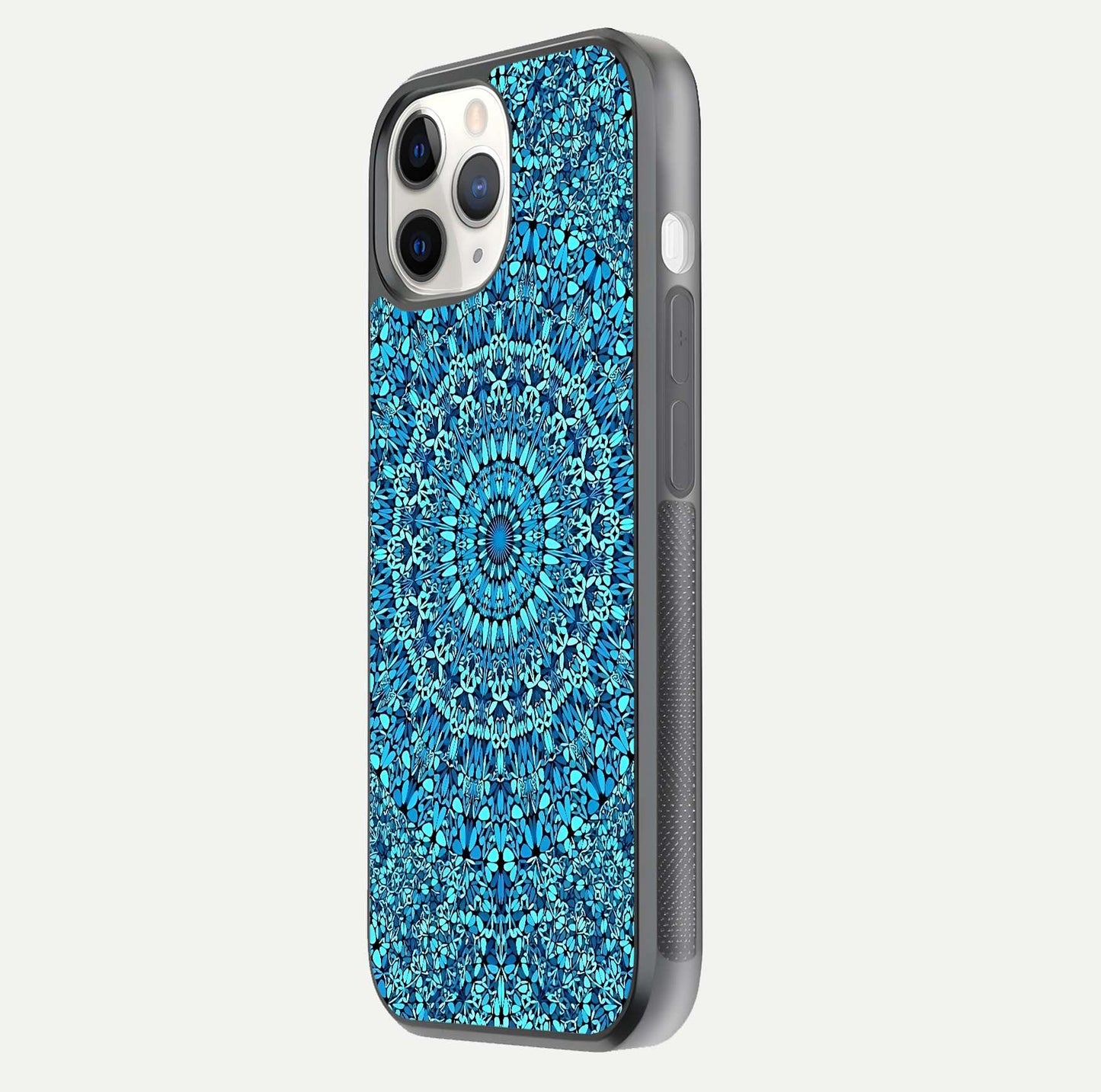 Ocean Bloom Mandala Glass Case for iPhone 11 Pro side-angle image showing reflection and detailed floral pattern