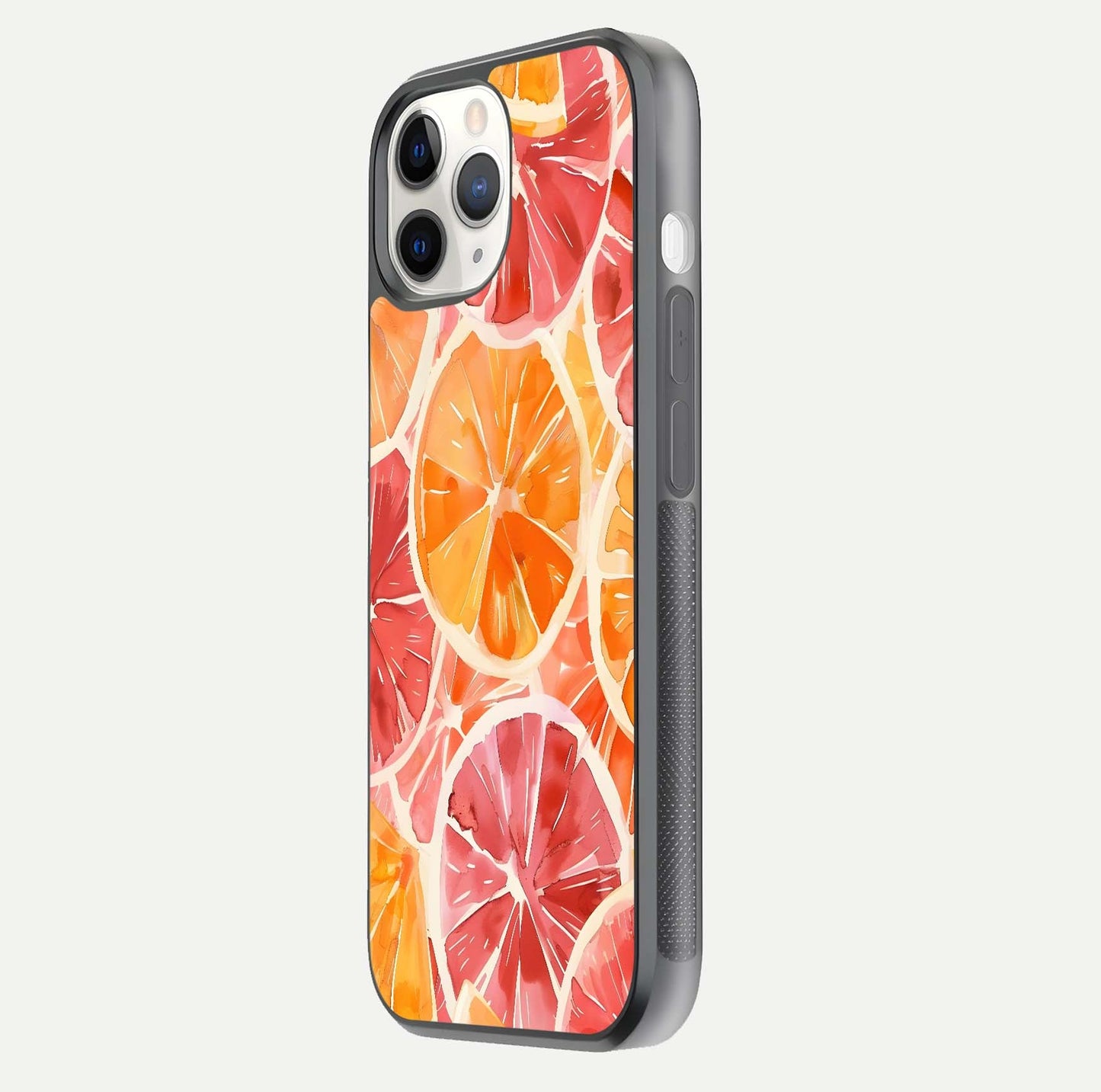Orange Fruits Pattern Glass Case for iPhone 11 Pro side-angle image showing glossy shine and citrus pattern