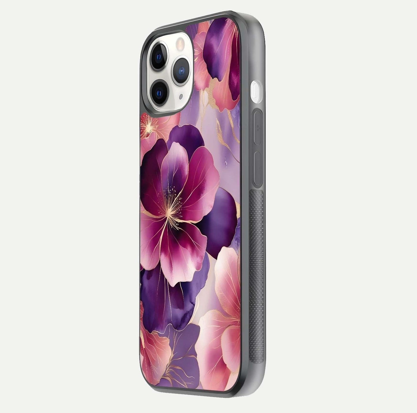 Pink Bouquet Florals Glass Case for iPhone 11 Pro side-angle image showing floral texture and reflection clarity