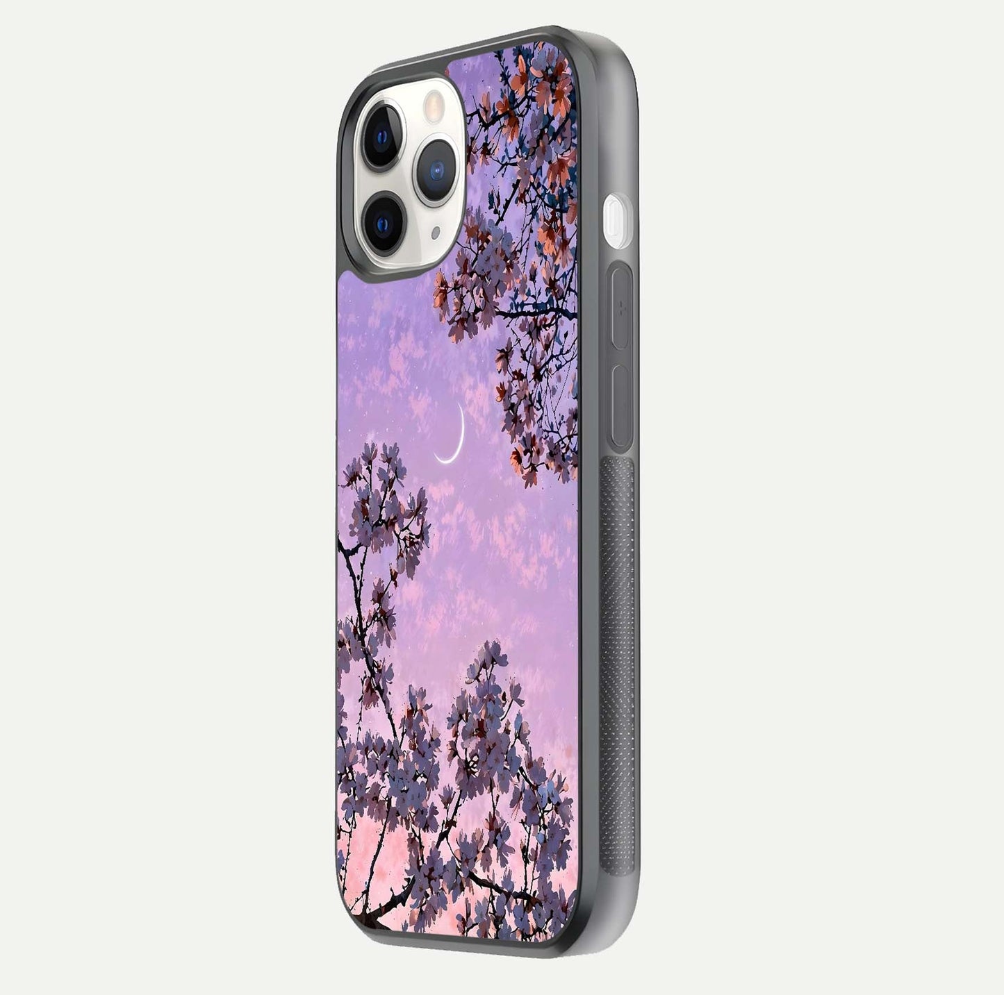 Purple Serenity Moon Glass Case for iPhone 11 Pro side-angle image showing reflection and lunar art precision