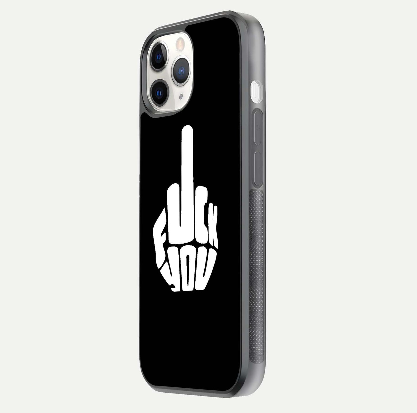 Rebel Mode On Glass Case for iPhone 11 Pro side-angle image showing reflection, edge detail, and text clarity