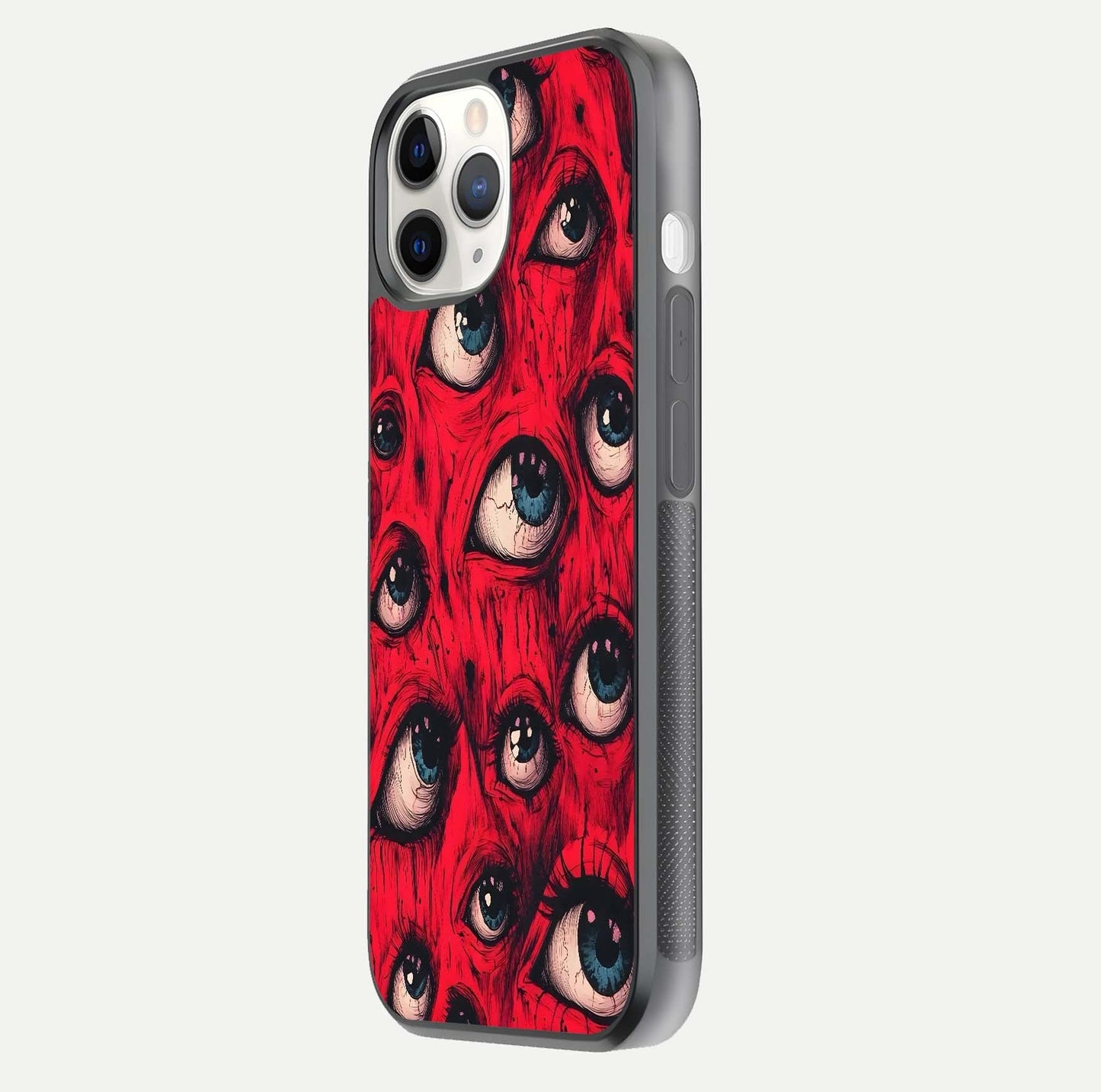 Red Eyes Pattern Glass Case for iPhone 11 Pro side-angle image showing shine, detail, and red tone clarity