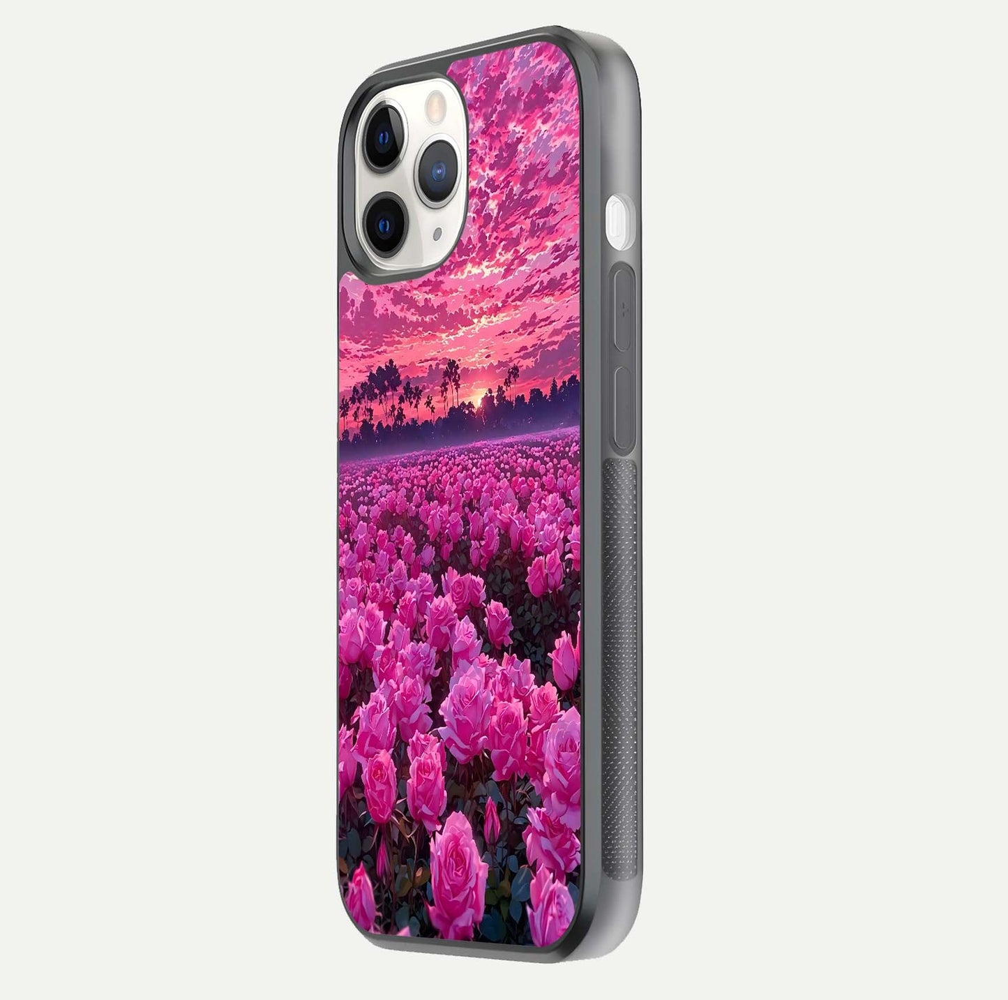 Rose Sunset Valley Glass Case for iPhone 11 Pro side-angle image showing smooth edges and floral glow