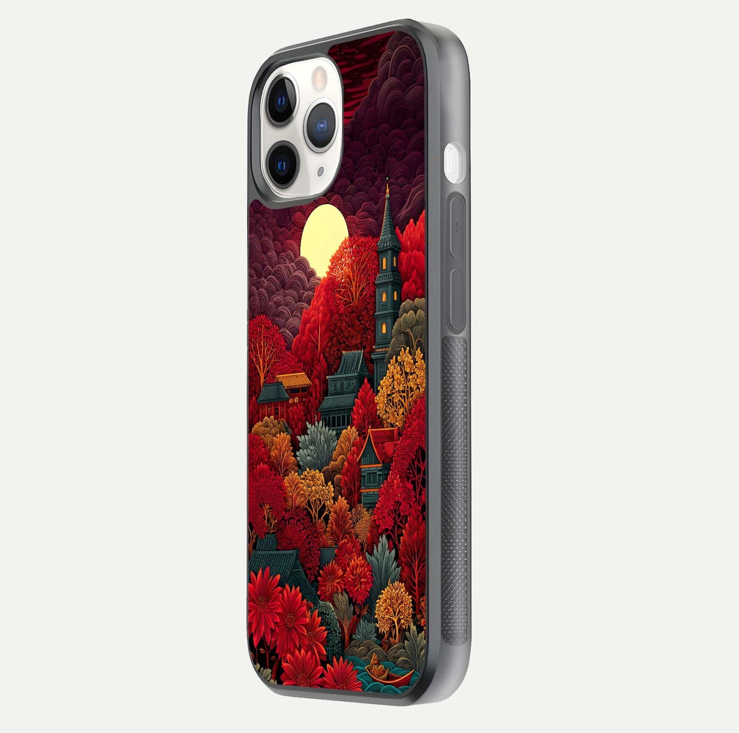 Scarlet Autumn Temple Glass Case for iPhone 11 Pro side-angle image showing color depth and reflection clarity