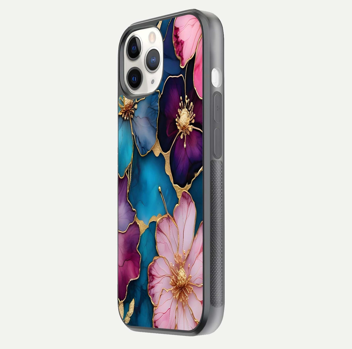 Sparkle Floral Glass Case for iPhone 11 Pro side-angle image showing reflection, gloss, and floral texture