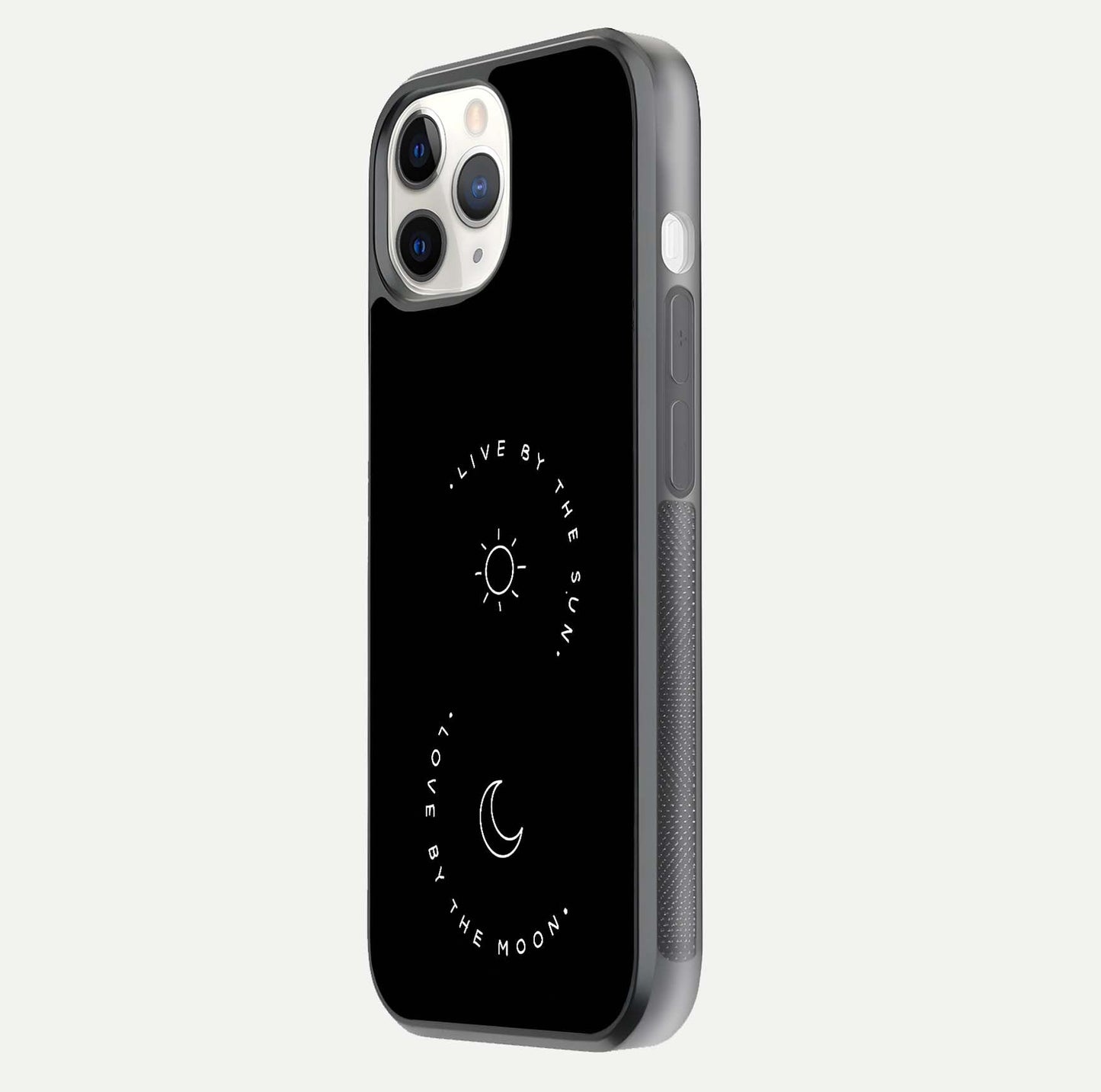 Sun Moon Balance Glass Case for iPhone 11 Pro side-angle image showing reflection and celestial detailing