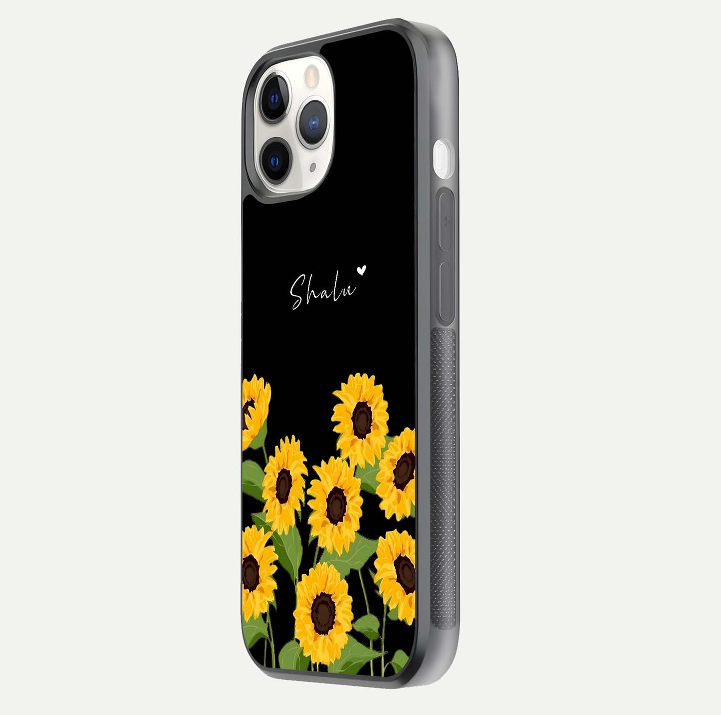 Sunflower Chic Mood Custom Name Glass Case for iPhone 16 Pro side-angle image showing reflection and yellow floral tone