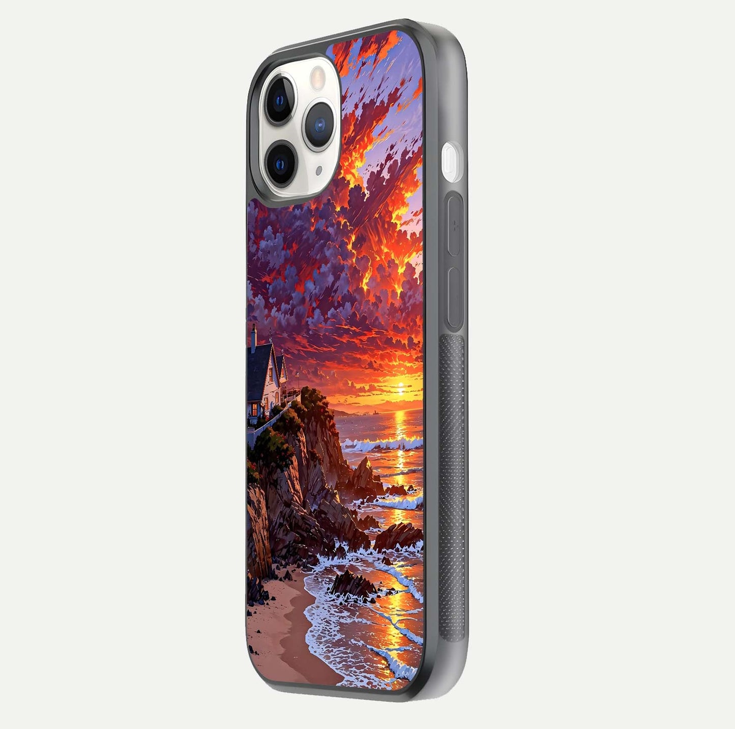 Sunset House by Sea Glass Case for iPhone 11 Pro side-angle image showing reflection and seaside color tone