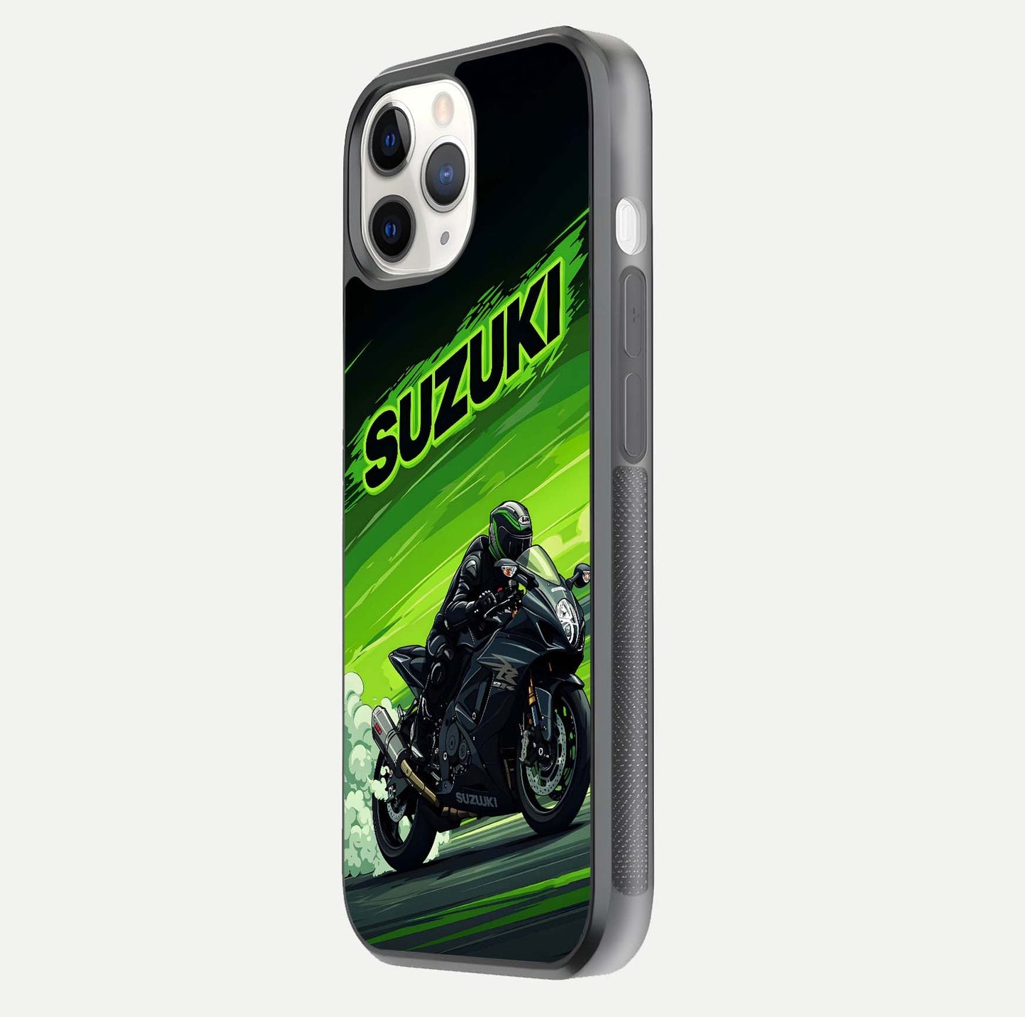 Suzuki Speed Beast Glass Case for iPhone 11 Pro side-angle image showing reflection, gloss, and car detailing