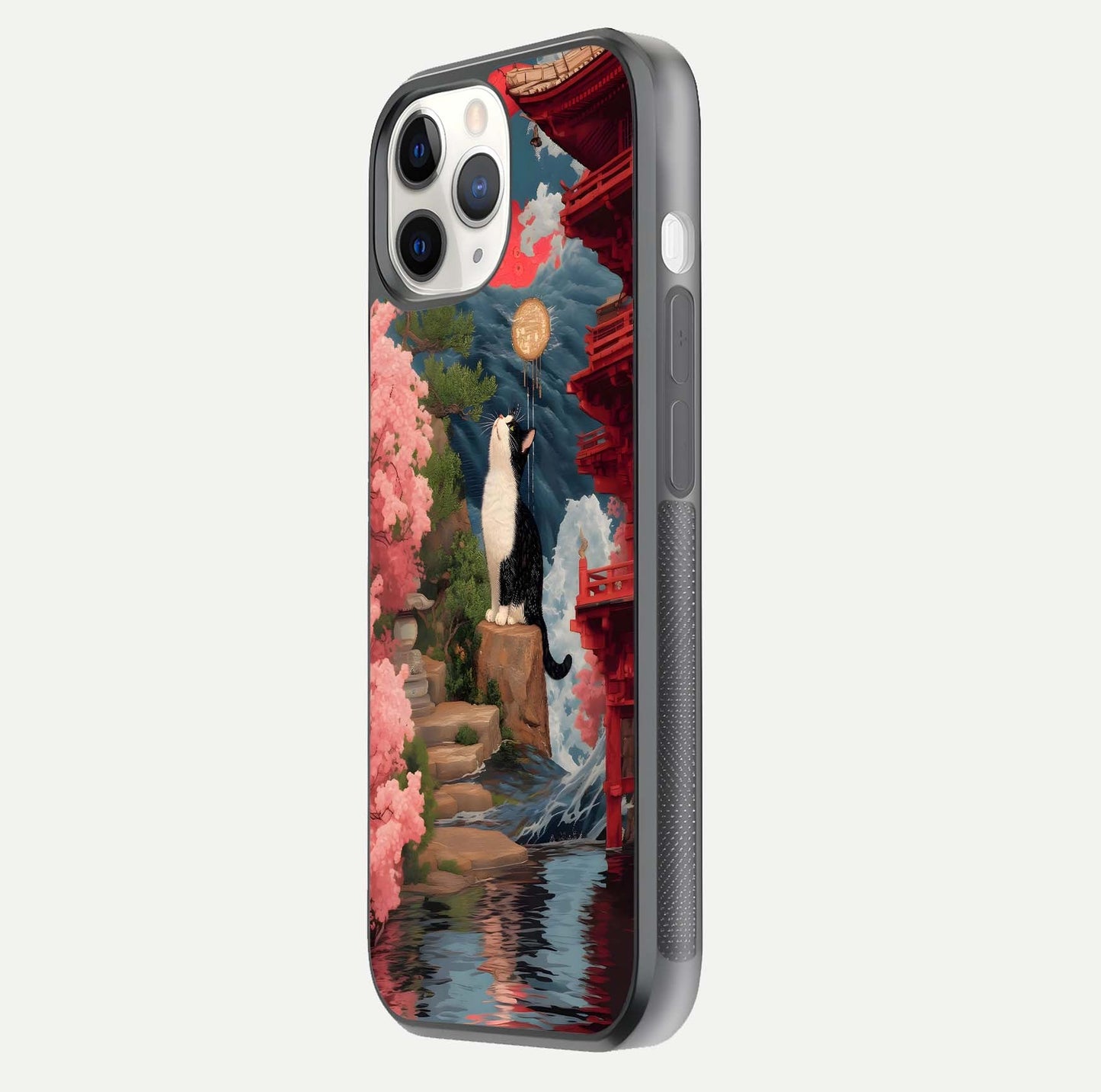 Temple Cat Scenery Glass Case for iPhone 11 Pro side-angle image showing shine and printed temple pattern