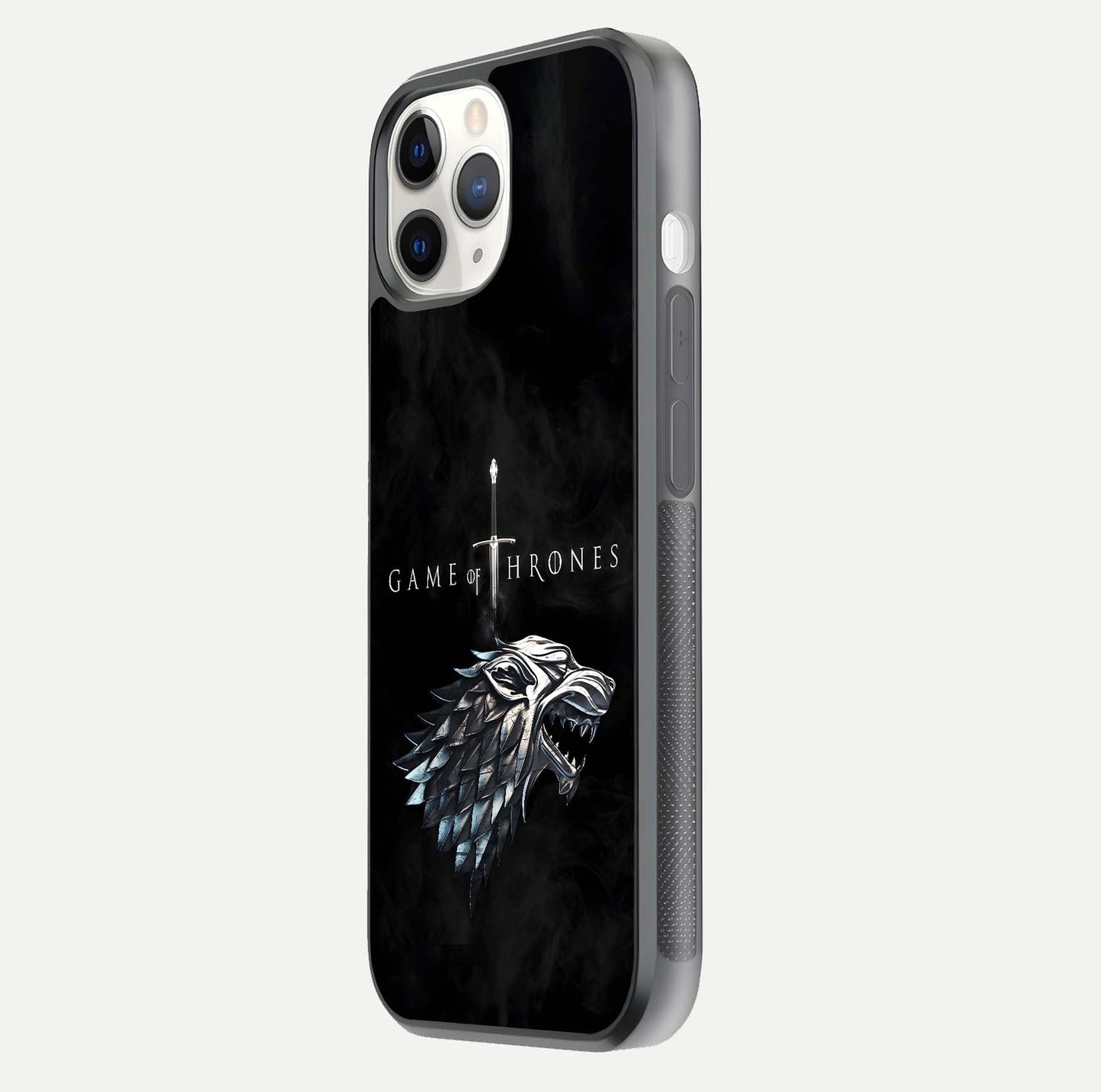 Throne Wolf Legacy Glass Case for iPhone 11 Pro side-angle image showing gloss, texture, and HD print