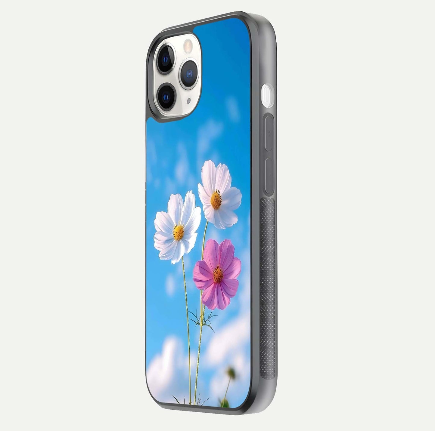 Triple Flowers With Sky Glass Case for iPhone 11 Pro side-angle image showing gloss, texture, and floral design