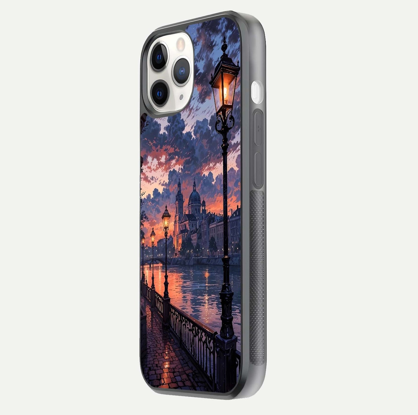 Twilight River Lights Glass Case for iPhone 11 Pro side-angle image showing reflections, lighting, and gradient tones