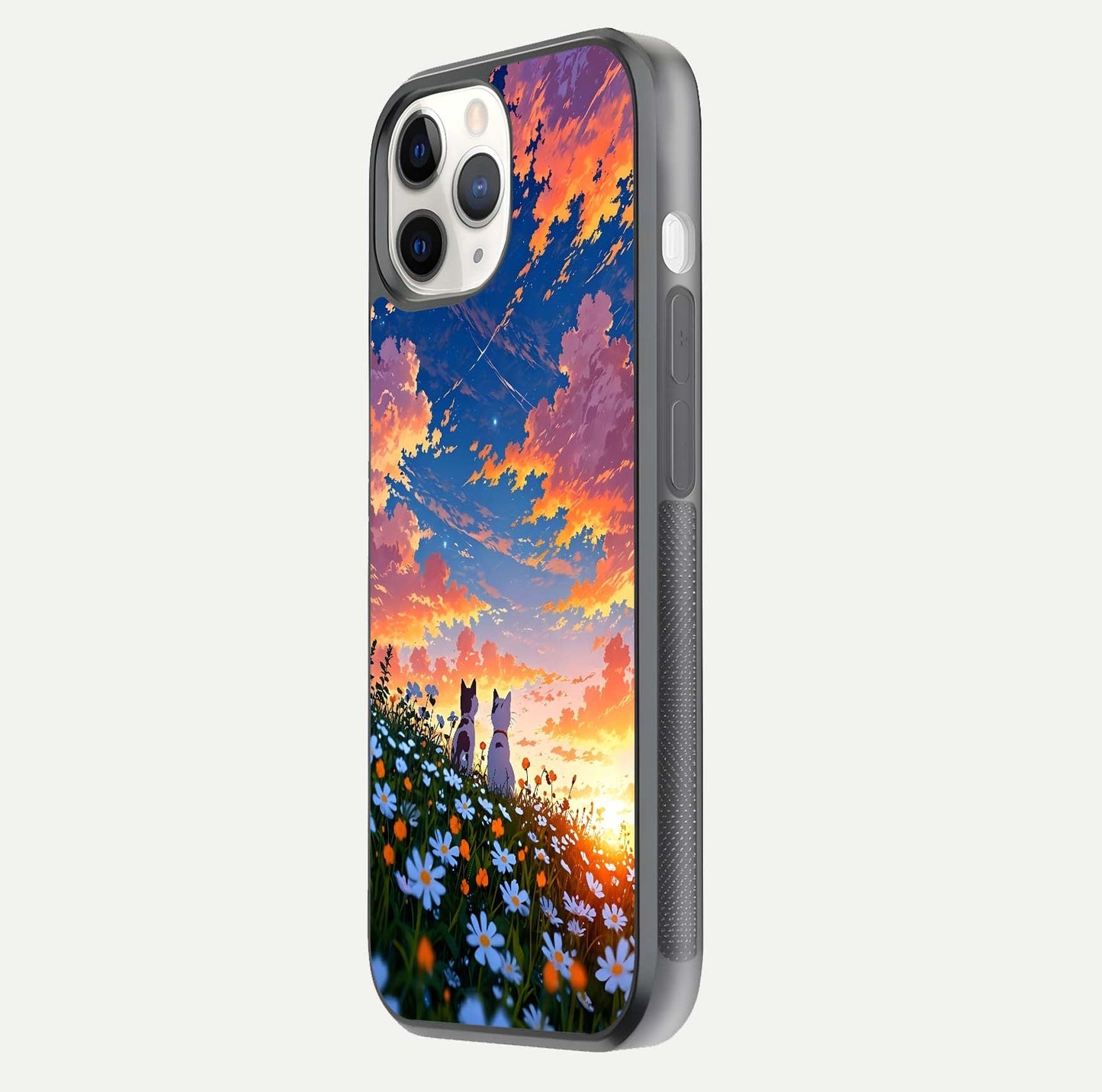 Two Cats Friends Glass Case for iPhone 11 Pro side-angle image showing reflection, gloss, and color depth