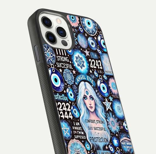 Angel Aura Shield Glass Case for iPhone 11 Pro front and back display highlighting glass clarity and spiritual design