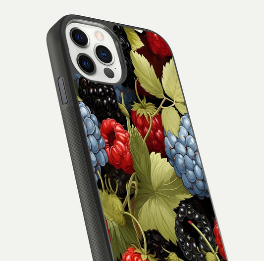 Berry Bloom Charm Glass Case for iPhone 11 Pro front-and-back layout showing floral pattern continuity and smooth glass shine