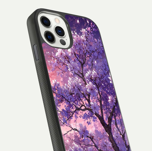 Blossom Tree Glass Case for iPhone 11 Pro front-and-back layout showing art alignment and gloss reflection