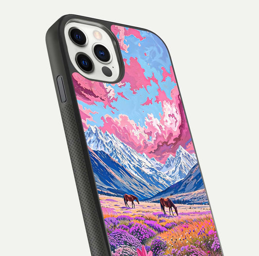 Blossom Valley Dream Glass Case for iPhone 11 Pro front-and-back layout highlighting glossy reflection and edge cut