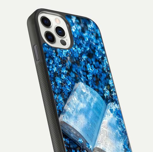 Blue Bloom Tales Glass Case for iPhone 11 Pro dual-view layout highlighting shine, floral print, and smooth edges