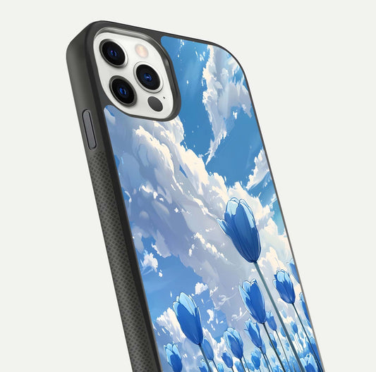 Blue Tulip Clouds Glass Case for iPhone 11 Pro front-and-back layout showcasing floral detail and polished edges