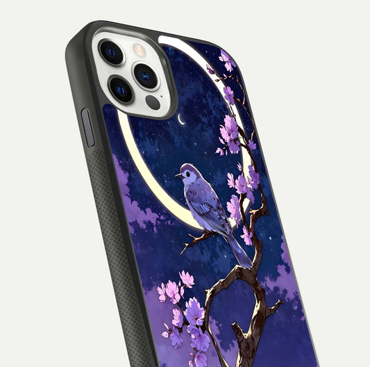 Celestial Bird Blossom Glass Case for iPhone 11 Pro dual-view layout showing art composition and edge clarity