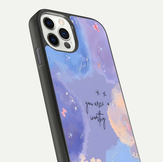 Celestial Cloud Magic Glass Case for iPhone 11 Pro dual-view layout showcasing soft color transition and gloss shine