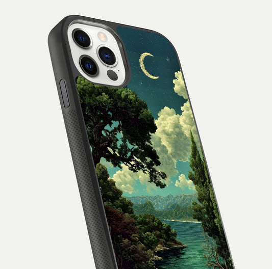 Celestial Lake Peace Glass Case for iPhone 11 Pro dual-view layout showing soft hues and HD shine