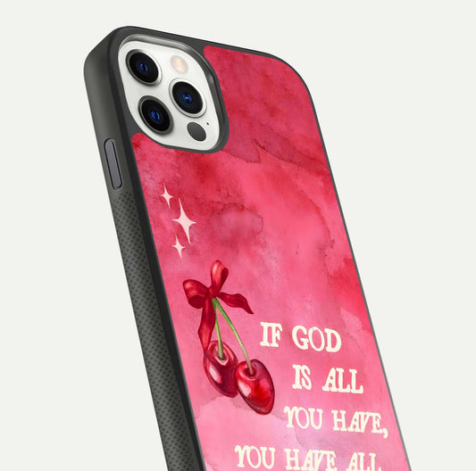 Cherry Quote Glass Case for iPhone 11 Pro dual-view layout showing red cherry tones and text balance