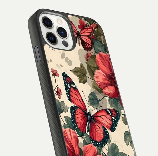 Crimson Butterfly Garden Glass Case for iPhone 11 Pro dual-view layout displaying floral patterns and edge finish