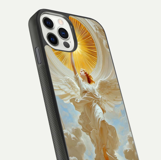 Divine Light Angel Glass Case for iPhone 11 Pro dual-view layout displaying celestial tones and smooth curves