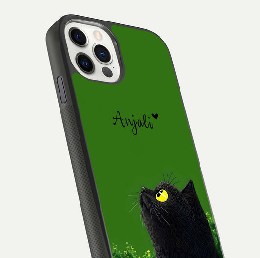 Emerald Cat Custom Name Glass Case for iPhone 11 Pro dual-view layout displaying artistic tones and smooth curves