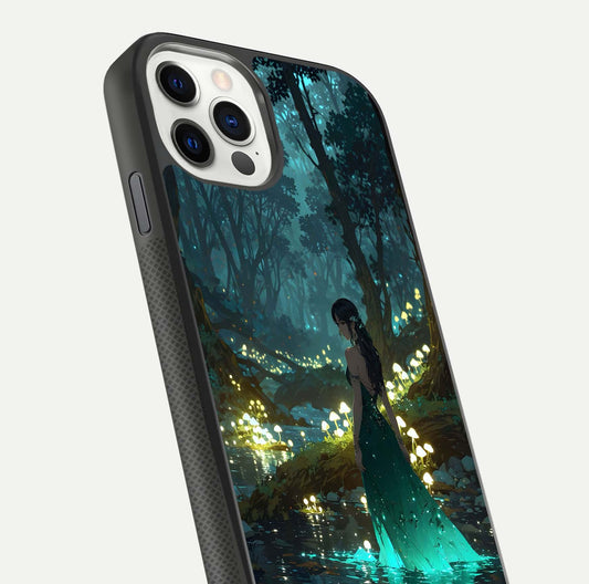 Enchanted Forest Glow Glass Case for iPhone 11 Pro dual-view layout displaying green tones and smooth glass