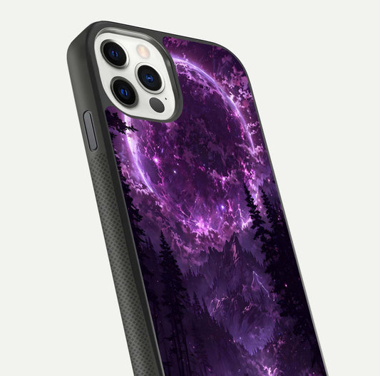 Eternal Cosmic Drive Glass Case for iPhone 11 Pro dual-view layout displaying outer-space tones and curved finish