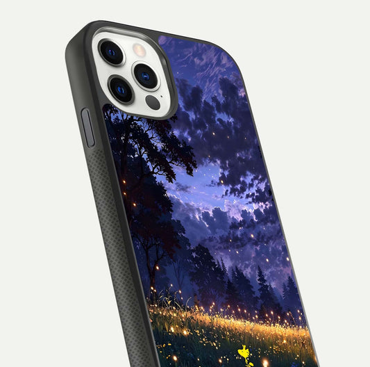 Firefly Meadow Magic Glass Case for iPhone 11 Pro dual-view layout displaying enchanting tones and curved edges